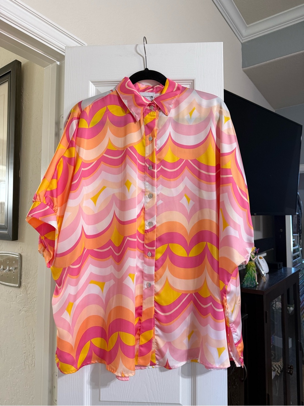 Adrienne Pink, Yellow & Orange Retro Print Button-Up Blouse